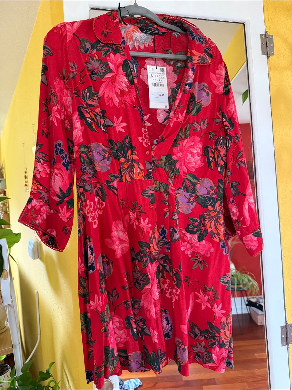 Zara Bright Red Floral V-Neck Mini Dress